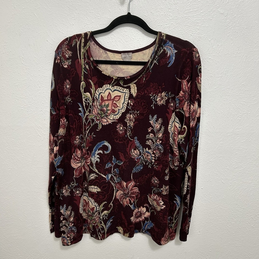 CHICO'S Pullover Stretch Knit Sweater Long Sleeve Burgundy Floral Sz 3 /XL Fall